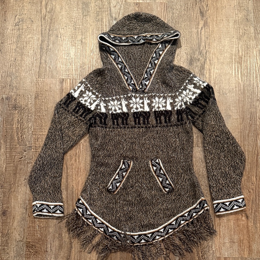 Handmade Alpaca Wool Hooded Sweater with Fringe